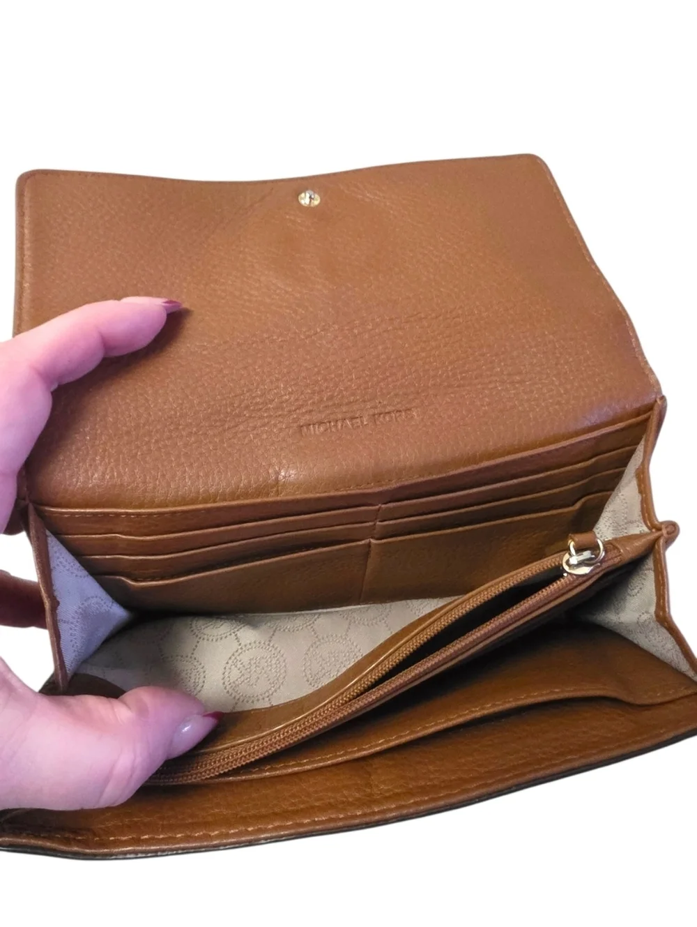 Michael Kors Cognac Leather Wallet MK Logo Continental Snap Closure Organizer